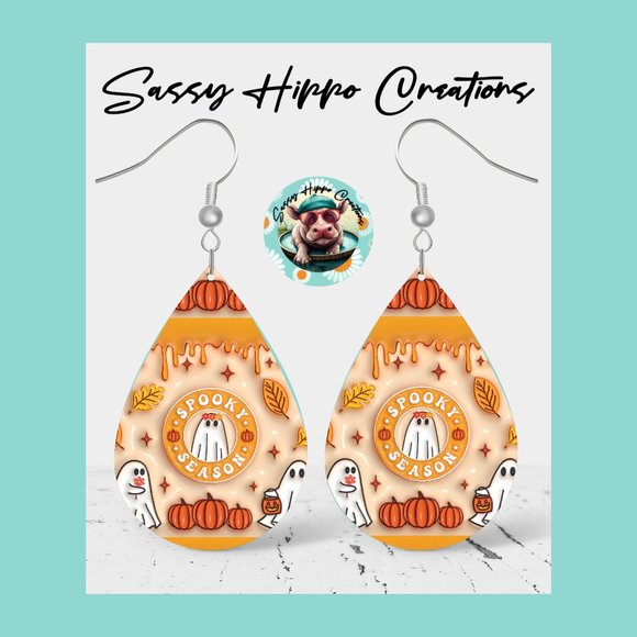 Earrings Spooky Season Ghosts Halloween Hand Sublimated Printed on MDF Hook Back - Picture 1 of 3